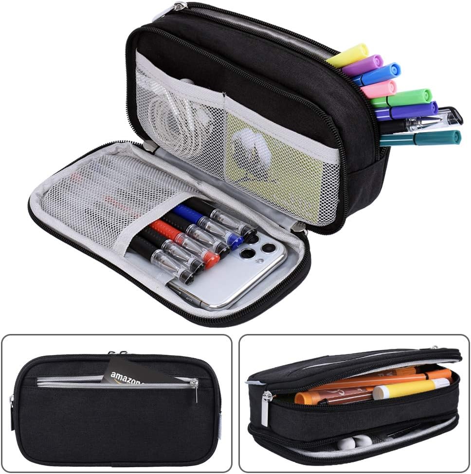 Chelory Big Pencil Case Large Capacity Pencil Bag Pouch 3 Multi Comparments High Storage Pen Holder Marker Holder Portable Office Stationery Organizer Supplies Makeup Cosmetic Bag Men Women (Black)