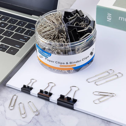 FUDAO FAMILY Paper Clips & Binder Clips, 340 PCS Assorted Sizes, Silver & Black, Metal, Medium, Large, Small