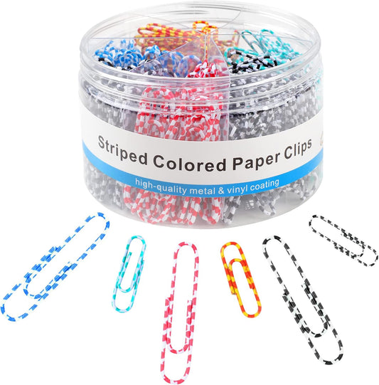 400 PCS Paper Clips, Metal Coated Paperclips, Paper Clip Assorted Sizes Medium & Large, Striped Colored Paper Clips, Colored Paper Clip Teacher Supplies for Home, School, Office (1.1" & 2")