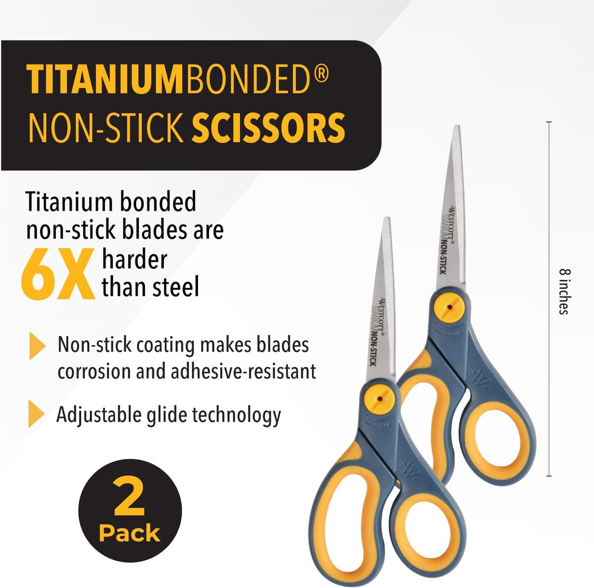 Westcott 8-Inch Non-Stick Titanium Scissors For Office and Home - Glide Adjust Technology - Grey/Yellow Craft, Fabric Scissors - 2 Pack