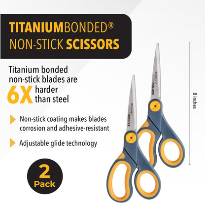 Westcott 8-Inch Non-Stick Titanium Scissors For Office and Home - Glide Adjust Technology - Grey/Yellow Craft, Fabric Scissors - 2 Pack