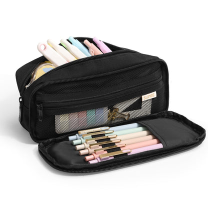 SUNEE Pencil Case, Large Capacity Pencil Pouch, Extra Big Pencil Bag with 6 Compartments, Durable Canvas Pencil Box for Office Stationery Organizer, Back to School Supplies for Teen Boys Girls, Black