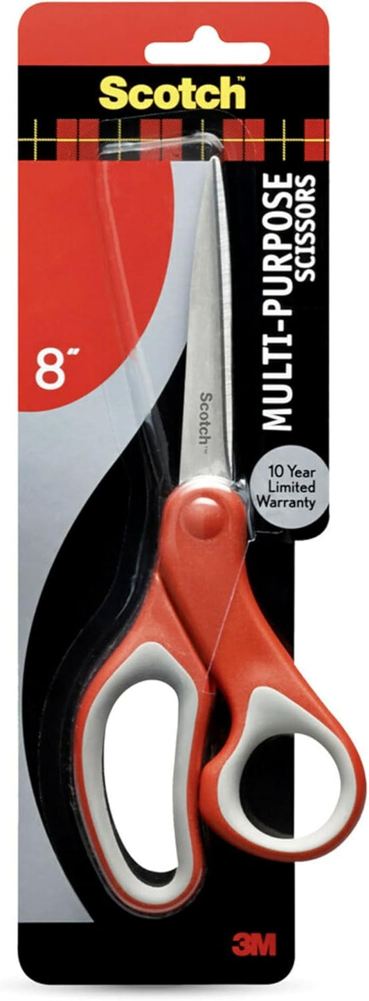 Scotch Multi-Purpose Stainless Steel Scissors, 8 Inches, Red & Gray, Great for Home, School and Office