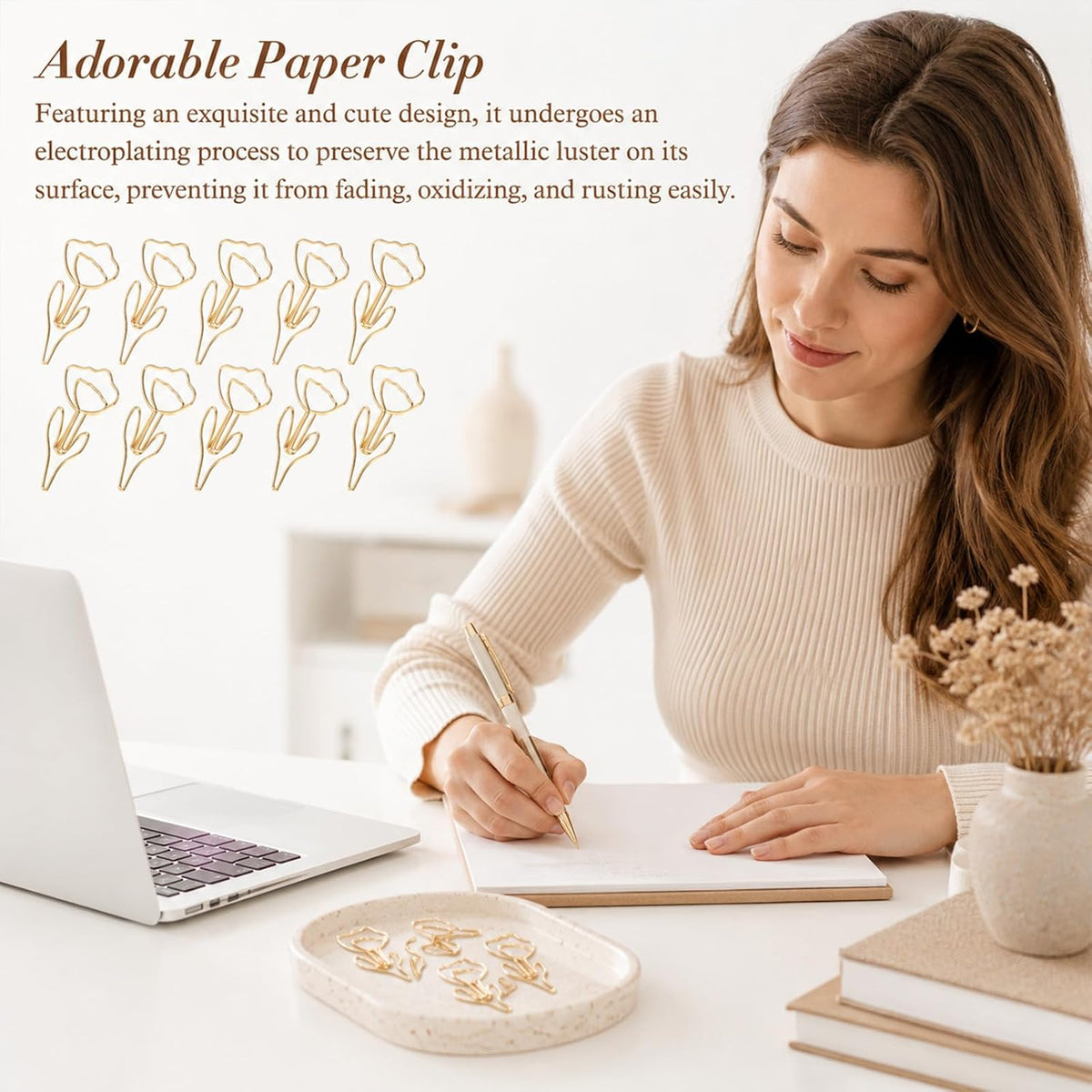 80 PCS Flower Paper Clips, Floral Cute Paper Clips Decorative Shaped Papers Clip Gold Fancy Cute Paperclips for Office and Home Supplies Wedding Decoration Desk File Documents Receipts Organization