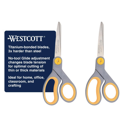 Westcott 8-Inch Titanium-Bonded Scissors with Adjustable Glide Feature for Office and Home - Gray/Yellow
