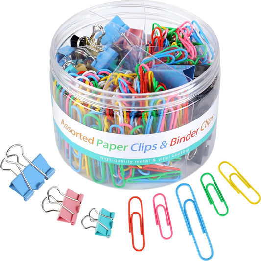 Utron 360PCS Paperclips and Binder Clips Set, Assorted Size Clips Office Supplies in Container with Compartments, Colorful Office Paper Clips for Office and School Supplies, Document Organizing