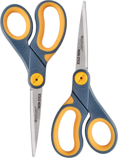 Westcott 8-Inch Non-Stick Titanium Scissors For Office and Home - Glide Adjust Technology - Grey/Yellow Craft, Fabric Scissors - 2 Pack