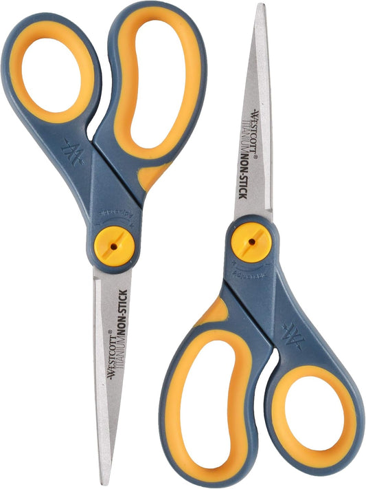 Westcott 8-Inch Non-Stick Titanium Scissors For Office and Home - Glide Adjust Technology - Grey/Yellow Craft, Fabric Scissors - 2 Pack
