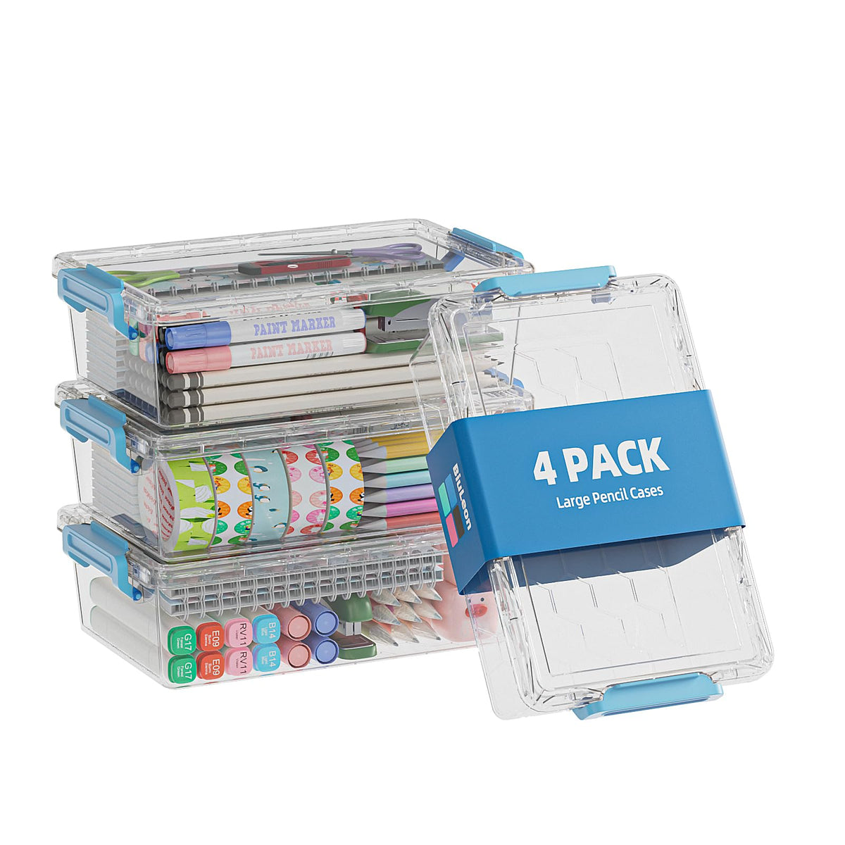 BiuLeon 4 Pack Extra Large Pencil Box, Plastic Pencil Case Organizer, Clear Crayon Box Marker Organizer, Stackable Craft Organizers and Storage for Pen, Craft, Art Supply(Grey)