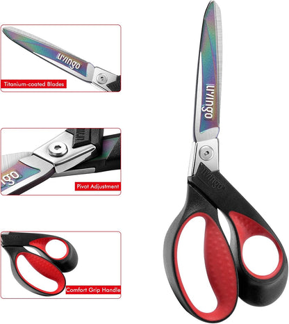 LIVINGO 9" Heavy Duty Titanium Coated Stainless Steel Scissors, (Red/Black)