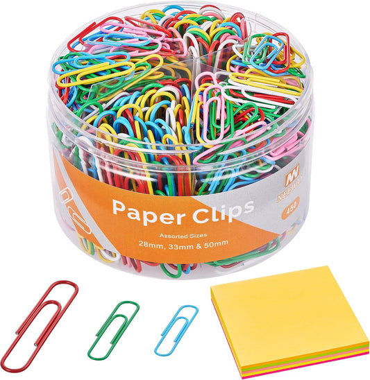 NEEWAY 450pcs Paper Clips Assorted Sizes with 100 Sheets Sticky Notes Set, Colored Paperclips for Office Document Organizing