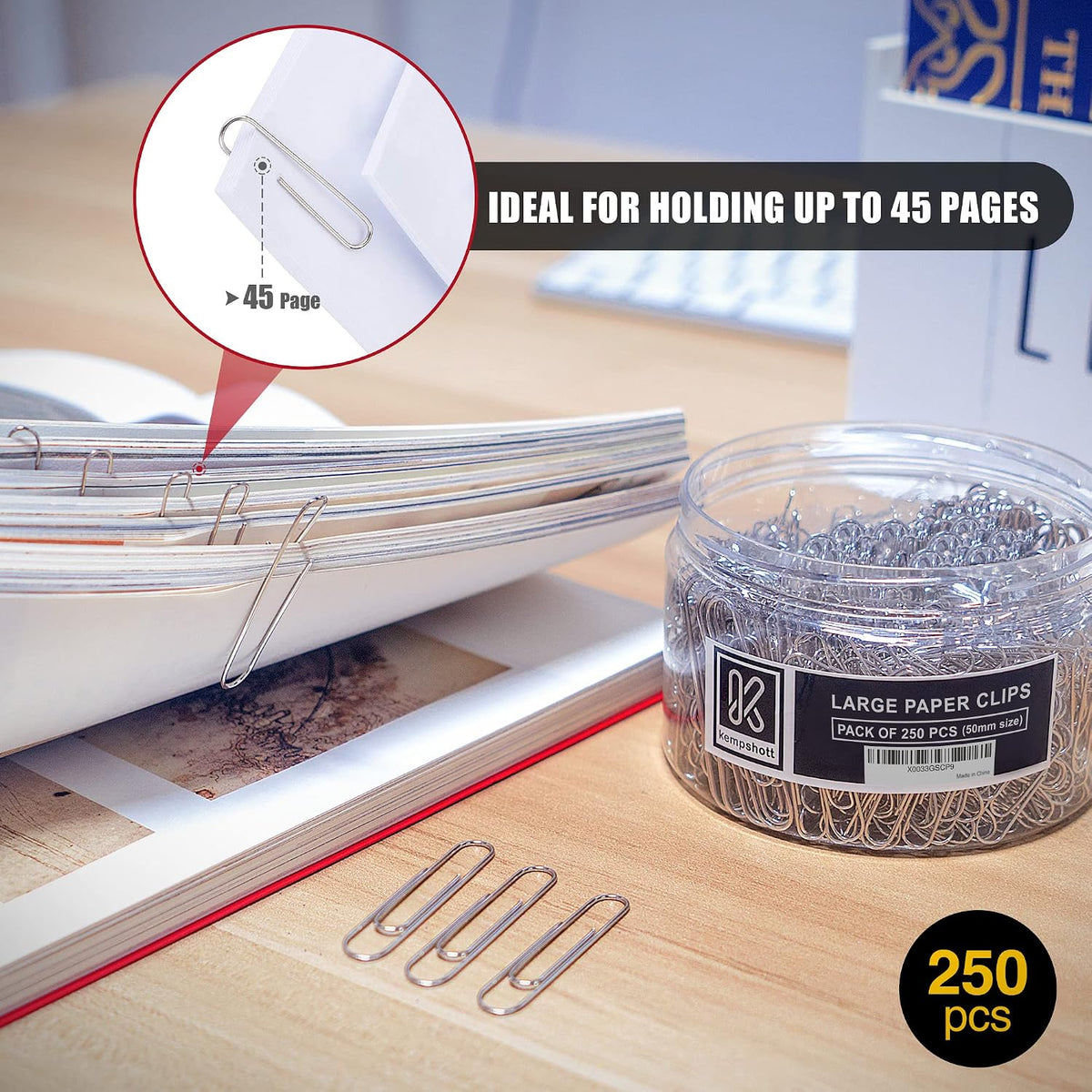 Kempshott 250 Large Paper Clips Smooth, Jumbo Paper Clips for Paperwork Ideal for Home, School and Office Use (Large, Silver)