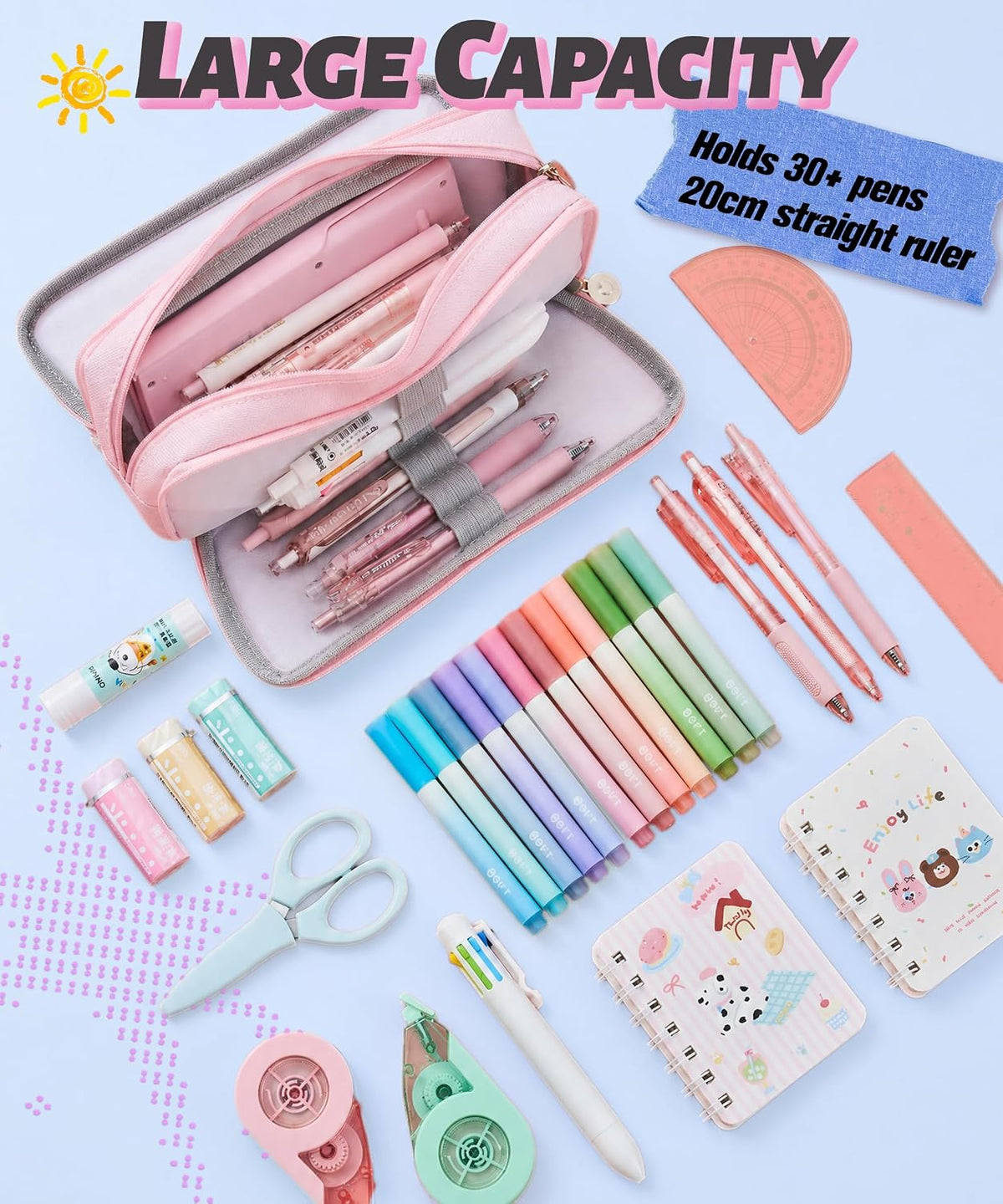 FAHZON Cute Pencil Case, 3 Large Compartments Pencil Pouch, Elastic Pen Slots&Mesh Pockets for Stationery, Pencil Bag for School Supplies with Zipper for Girls Boy Women Teens Adults-Pink