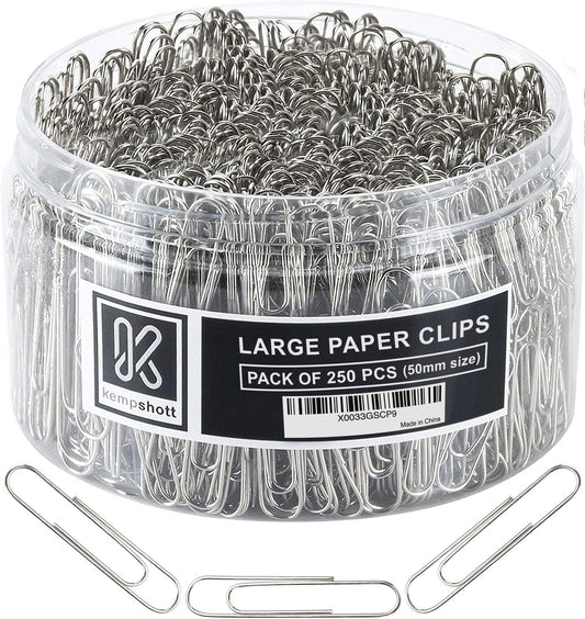 Kempshott 250 Large Paper Clips Smooth, Jumbo Paper Clips for Paperwork Ideal for Home, School and Office Use (Large, Silver)