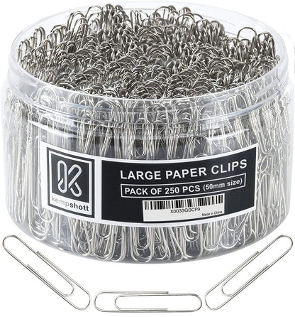 Kempshott 250 Large Paper Clips Smooth, Jumbo Paper Clips for Paperwork Ideal for Home, School and Office Use (Large, Silver)