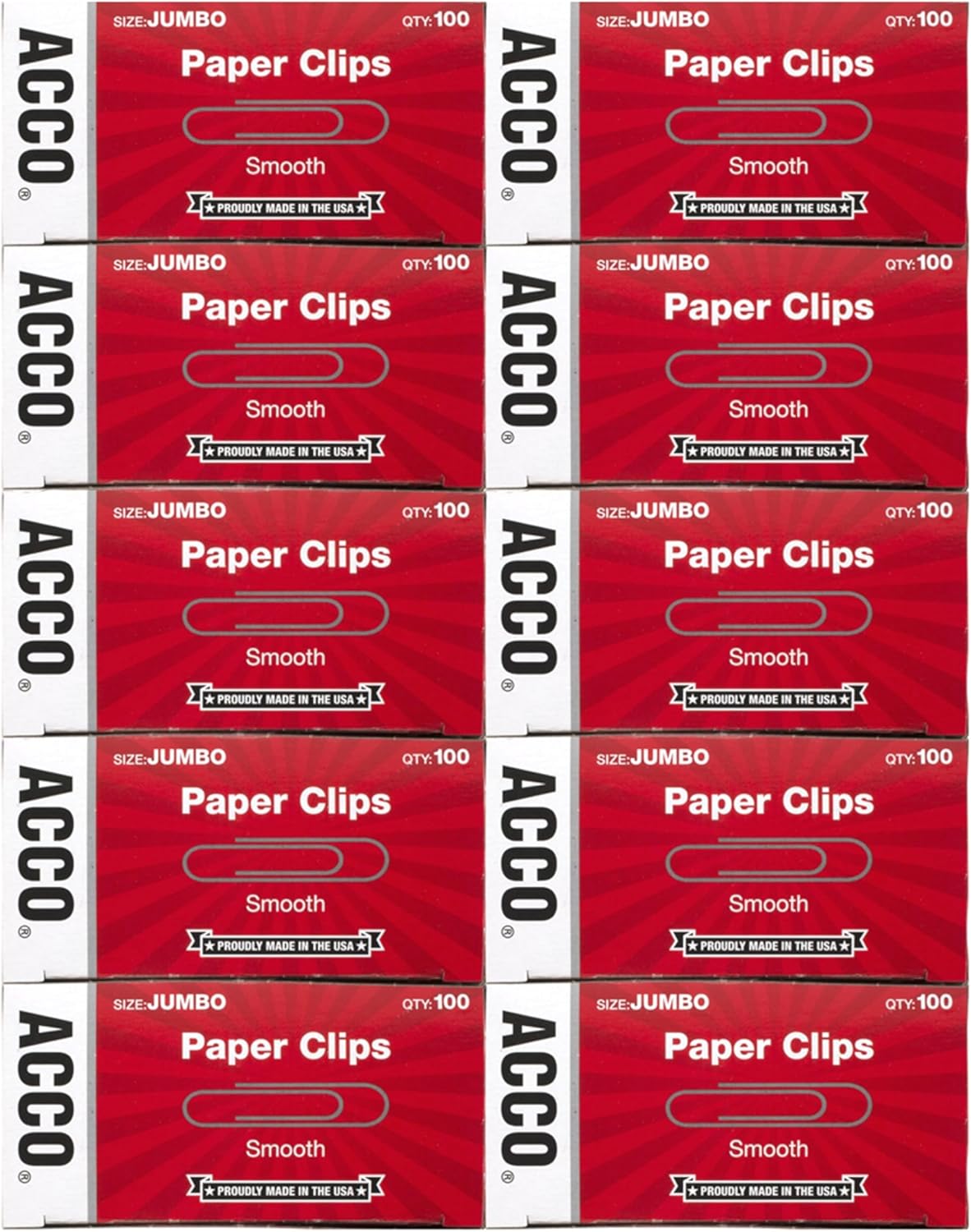 ACCO Brands Paper Clips, Jumbo, Smooth, Economy, 10 Boxes, 100/Box (72580)