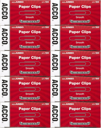 ACCO Brands Paper Clips, Jumbo, Smooth, Economy, 10 Boxes, 100/Box (72580)