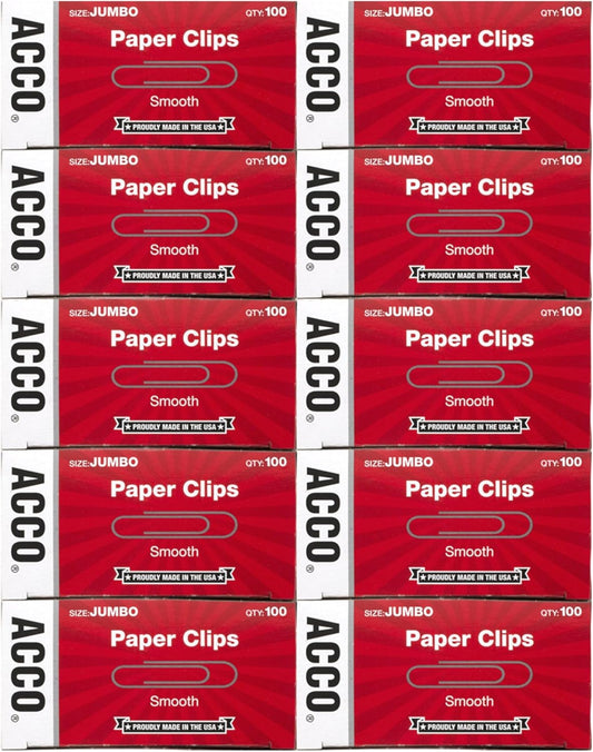 ACCO Brands Paper Clips, Jumbo, Smooth, Economy, 10 Boxes, 100/Box (72580)