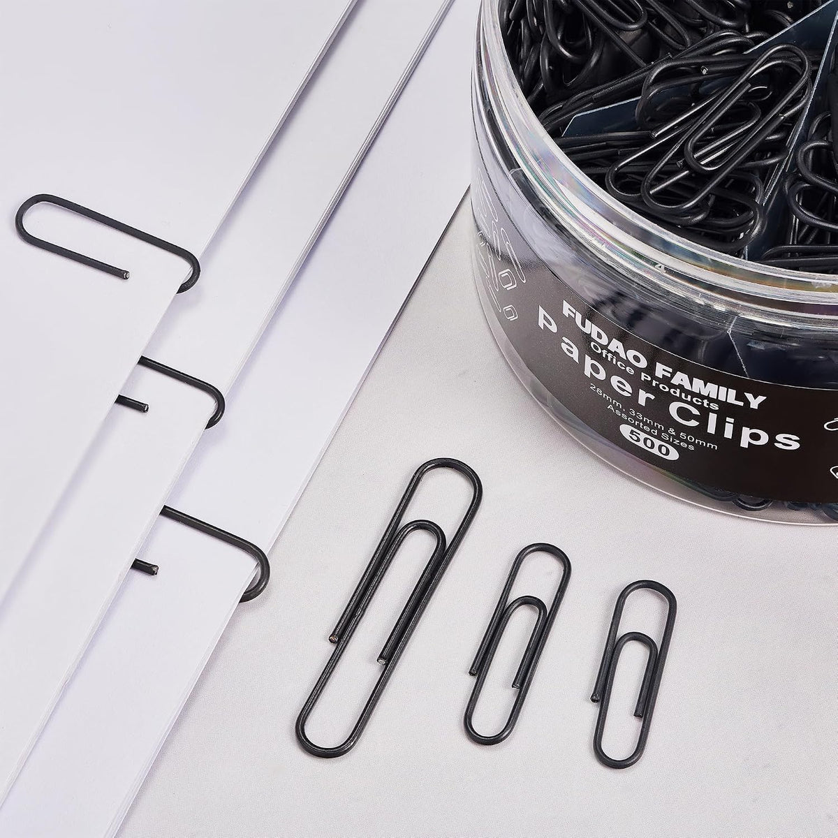 FUDAO FAMILY 500pcs Paper Clips Assorted Sizes, Small, Medium and Large（1.1inch, 1.3inch and 2inch Paper Clips, Vinyl Coated Paperclips for Office, School, Home Supplies (Black)
