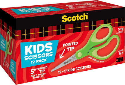 Scotch 5" Soft Touch Pointed Tip Kids Scissors, 12 Count Teacher's Pack