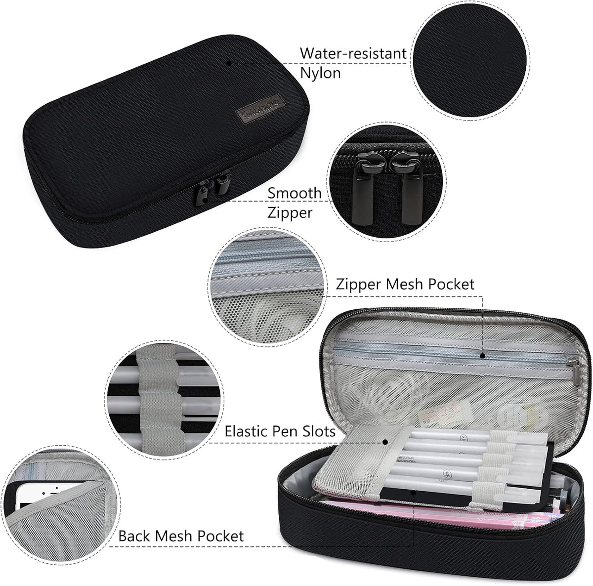 Gloppie Black Pencil Case Zipper Pencil Pouch Pen Bag Box Stationary Pouch