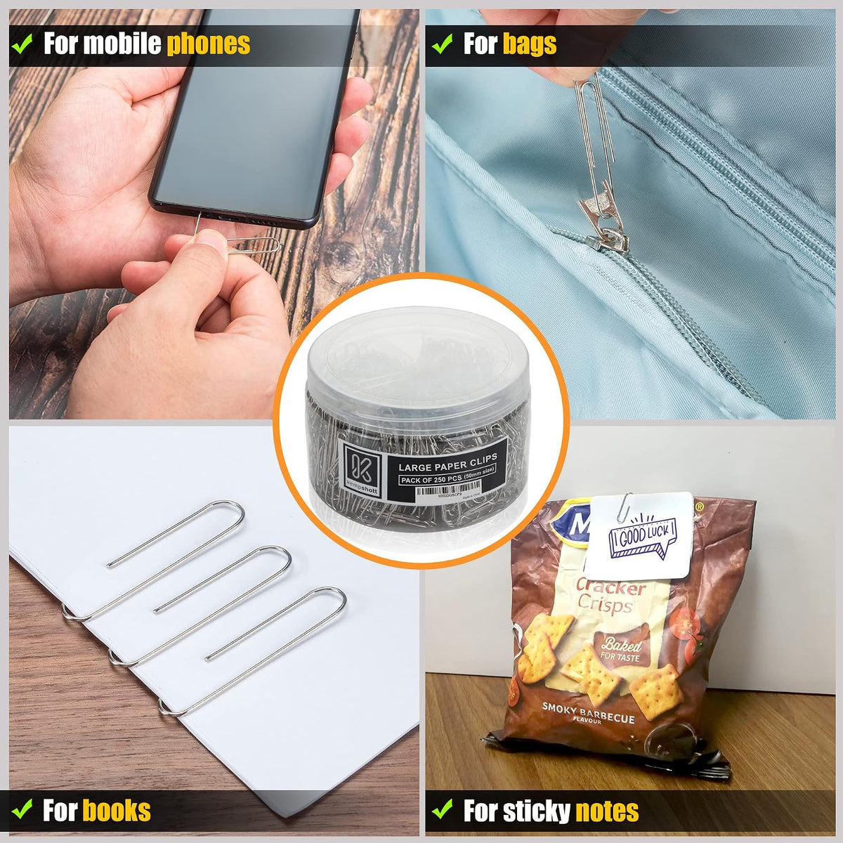 Kempshott 250 Large Paper Clips Smooth, Jumbo Paper Clips for Paperwork Ideal for Home, School and Office Use (Large, Silver)