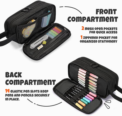 SUNEE Large Capacity Pencil Case with 3 Compartment, Extra Big Pencil Pouch, Pencil Bag with Zipper, Cute High Stationery Organizer, Oxford Pen Box School Supplies for Student Teen Girls Boys, Black