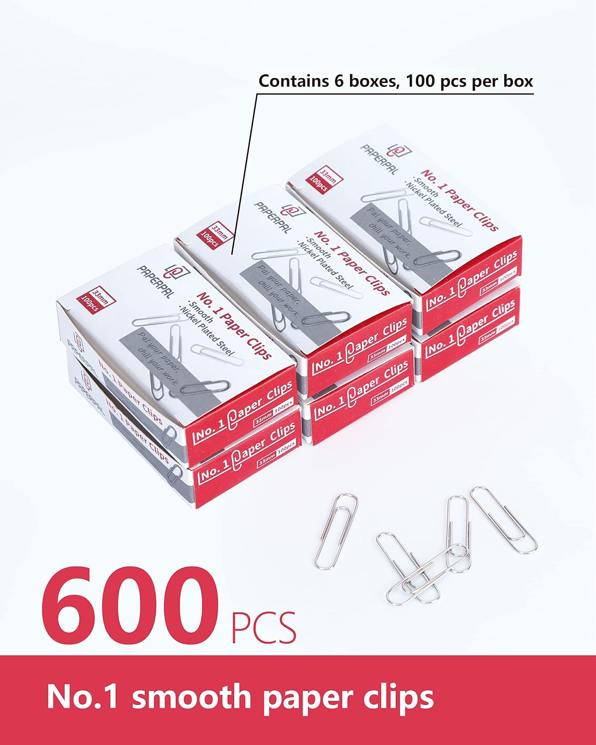 PAPERPAL Paperclips for Office School & Personal Use, #1 Smooth Paper Clip (1-2/7"), 600 Medium Paper Clips (6 Boxes of 100 Each), Silver