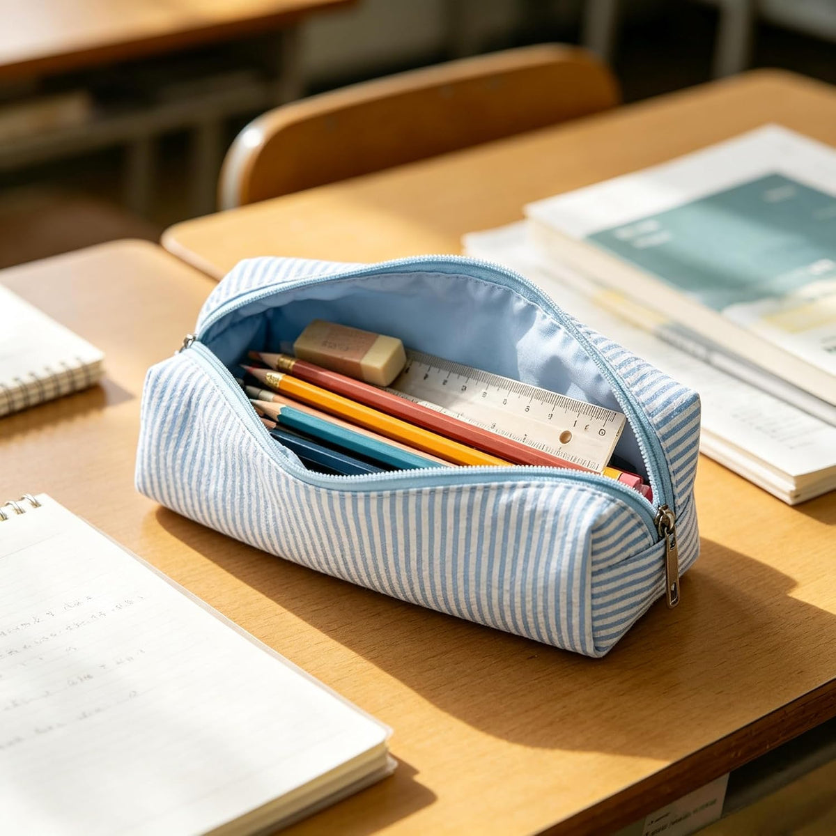 Pencil Case Aesthetic Pencil Pouch for Women Pencil Case Small (Striped blue)