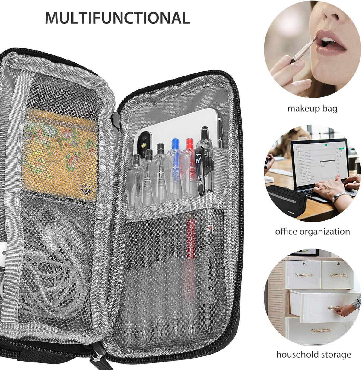 ProCase Pencil Case Pen Bag, Two Layers Big Capacity Pencil Pouch Pen Organizer Durable Stationery Holder for Marker Organization School Supplies Office Storage Desk Organizing