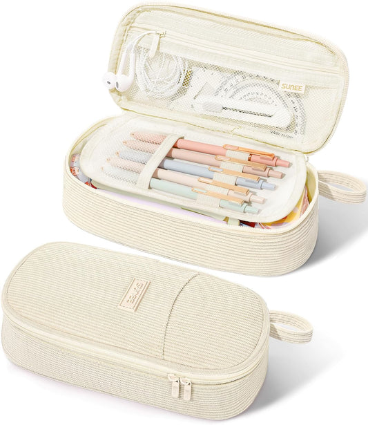 SUNEE Cute Pencil Case, Large Pencil Pouch, Aesthetic Big Pencil Bag with Zipper, Kawaii Stationery Storage and Organizer, School Supplies for Teen and Adult, Boys&Girls, Soft Corduroy Warm Beige