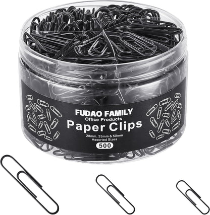 FUDAO FAMILY 500pcs Paper Clips Assorted Sizes, Small, Medium and Large（1.1inch, 1.3inch and 2inch Paper Clips, Vinyl Coated Paperclips for Office, School, Home Supplies (Black)