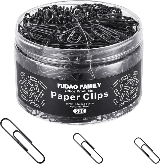 FUDAO FAMILY 500pcs Paper Clips Assorted Sizes, Small, Medium and Large（1.1inch, 1.3inch and 2inch Paper Clips, Vinyl Coated Paperclips for Office, School, Home Supplies (Black)
