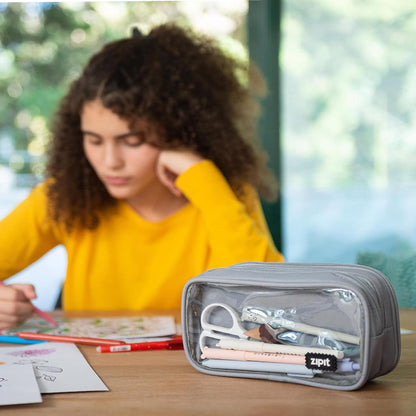 ZIPIT Half & Half Pencil Case, 3-Compartment Aesthetic Zipper Pouch, Grey