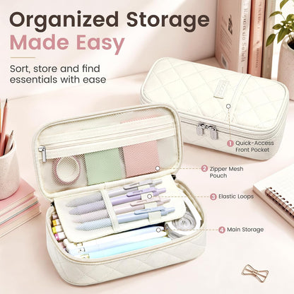 Sooez Cute Pencil Case, Soft Quilted Pencil Pouch, Large Pen Pencil Bag