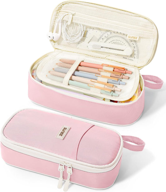 SUNEE Cute Pencil Case, Aesthetic Pen Pouch, Colored Large Pencil Bag with Zipper, Kawaii Stationery Storage and Organizer, School Supplies for Teen and Adult Girls, Pink