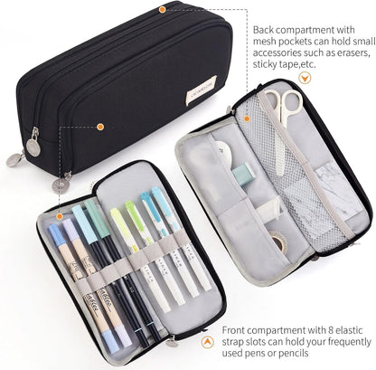 CICIMELON Large Capacity Pencil Case 3 Compartment Pouch Pen Bag for School Teen Girl Boy Men Women (Black)