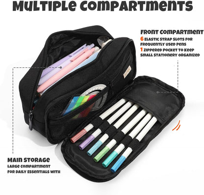 SUNEE Pencil Case, Large Capacity Pencil Pouch, Extra Big Pencil Bag with 6 Compartments, Durable Canvas Pencil Box for Office Stationery Organizer, Back to School Supplies for Teen Boys Girls, Black