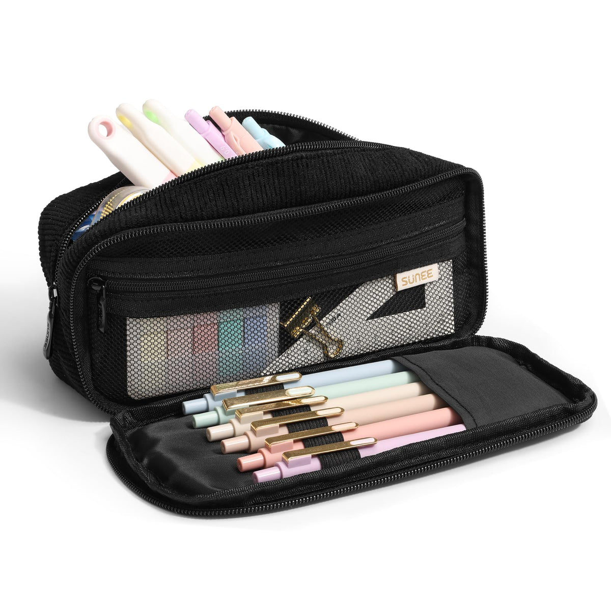 SUNEE Pencil Case, Large Capacity Pencil Pouch, Extra Big Pencil Bag with 6 Compartments, Durable Canvas Pencil Box for Office Stationery Organizer, Back to School Supplies for Teen Boys Girls, Black