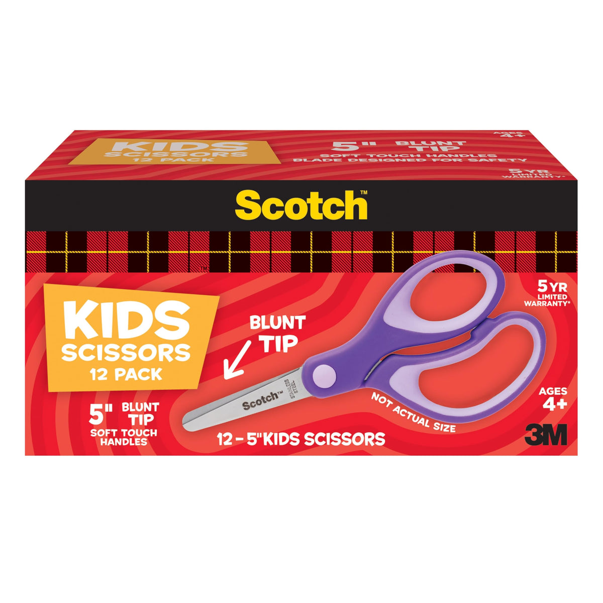 Scotch 5" Soft Touch Pointed Tip Kids Scissors, 12 Count Teacher's Pack