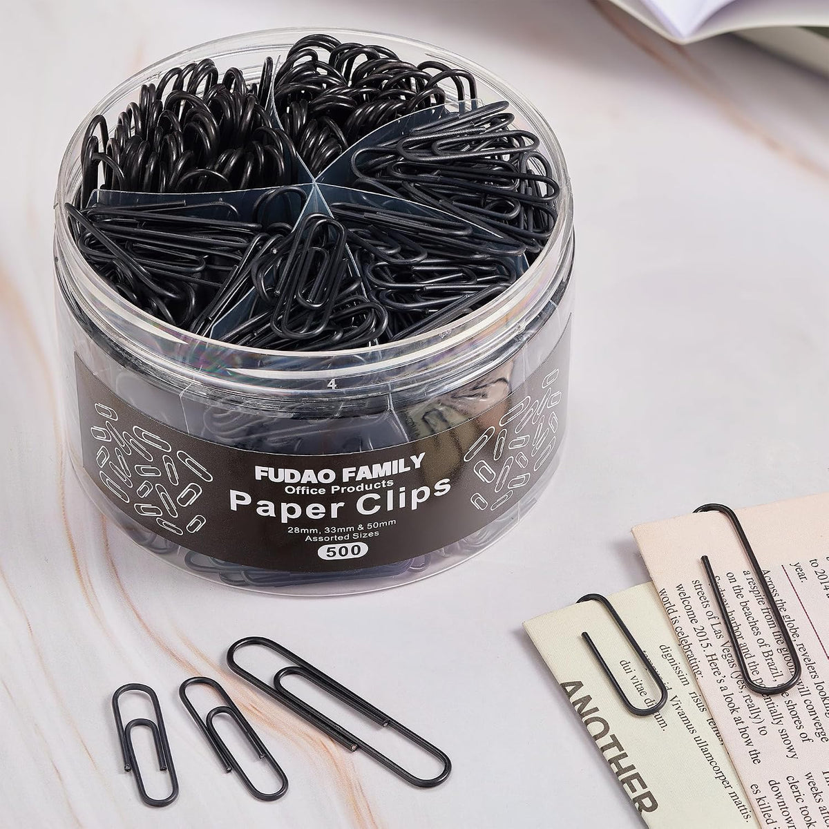 FUDAO FAMILY 500pcs Paper Clips Assorted Sizes, Small, Medium and Large（1.1inch, 1.3inch and 2inch Paper Clips, Vinyl Coated Paperclips for Office, School, Home Supplies (Black)