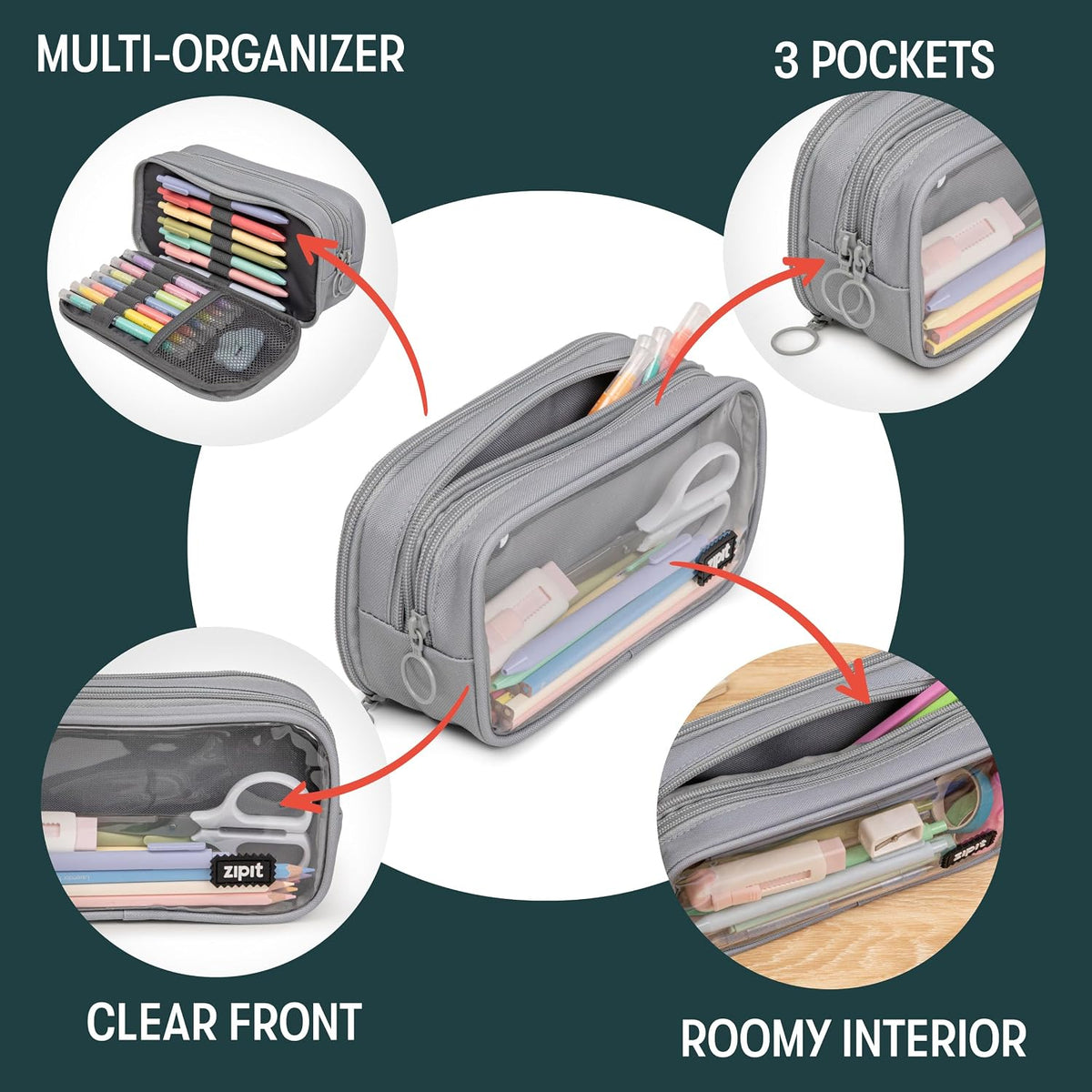 ZIPIT Half & Half Pencil Case, 3-Compartment Aesthetic Zipper Pouch, Grey