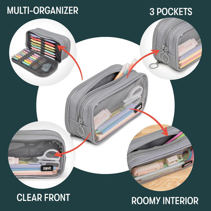 ZIPIT Half & Half Pencil Case, 3-Compartment Aesthetic Zipper Pouch, Grey