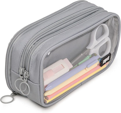 ZIPIT Half & Half Pencil Case, 3-Compartment Aesthetic Zipper Pouch, Grey