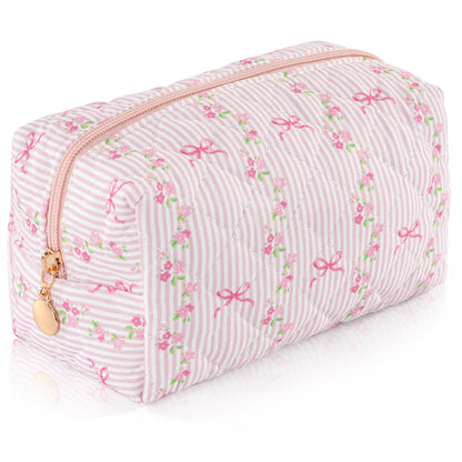 Makeup Bag Travel Toiletry Bag for Women, Small Cosmetic Bags Cute Quilted Cotton Makeup Pouch for Purse Emergency Bag Pencil Case Accessory Bag, Pastel Pink