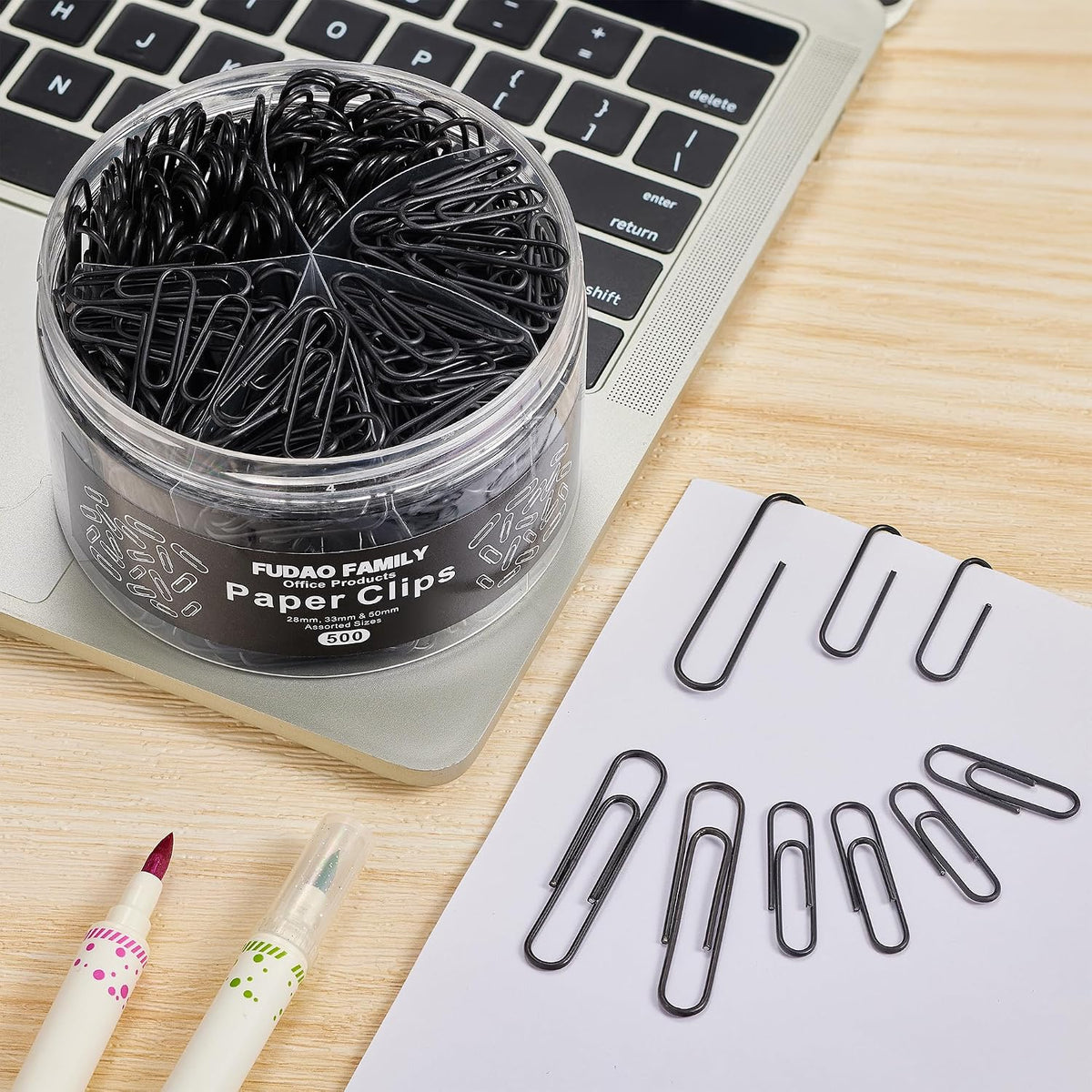 FUDAO FAMILY 500pcs Paper Clips Assorted Sizes, Small, Medium and Large（1.1inch, 1.3inch and 2inch Paper Clips, Vinyl Coated Paperclips for Office, School, Home Supplies (Black)