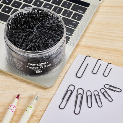 FUDAO FAMILY 500pcs Paper Clips Assorted Sizes, Small, Medium and Large（1.1inch, 1.3inch and 2inch Paper Clips, Vinyl Coated Paperclips for Office, School, Home Supplies (Black)