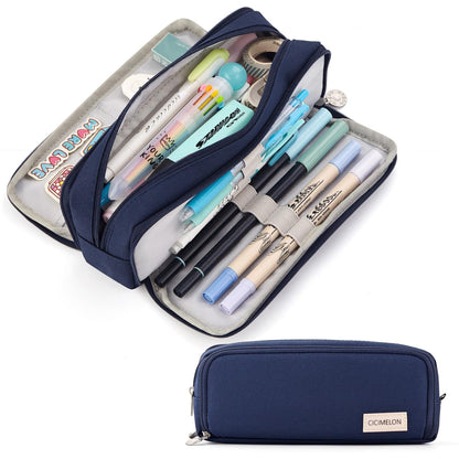 CICIMELON Large Capacity Pencil Case 3 Compartment Pouch Pen Bag for School Teen Girl Boy Men Women (Black)