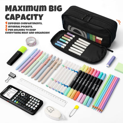 SUNEE Pencil Case, Large Capacity Pencil Pouch, Extra Big Pencil Bag with 6 Compartments, Durable Canvas Pencil Box for Office Stationery Organizer, Back to School Supplies for Teen Boys Girls, Black
