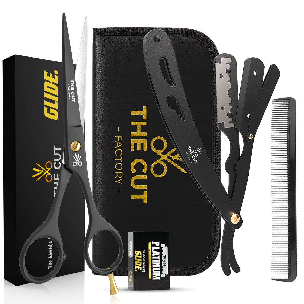 The Cut Factory® Hair Scissors & Hair Cutting Scissors - 6.5” Matte Black Professional Barber Shears with Micro-Serrated Blade, Gift Box & Leather Pouch